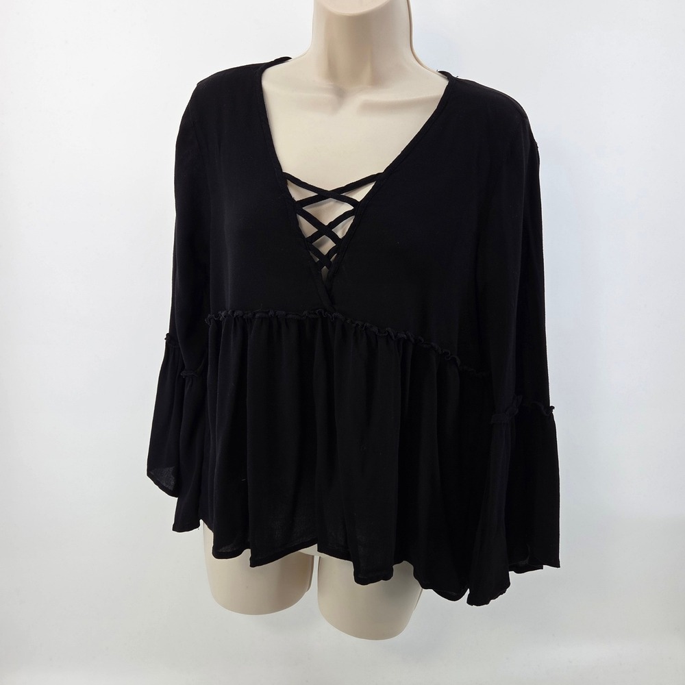 Ambiance Lace Up Bell Sleeve Peplum Women Size M Black Flowy Boho Whimsigoth‎